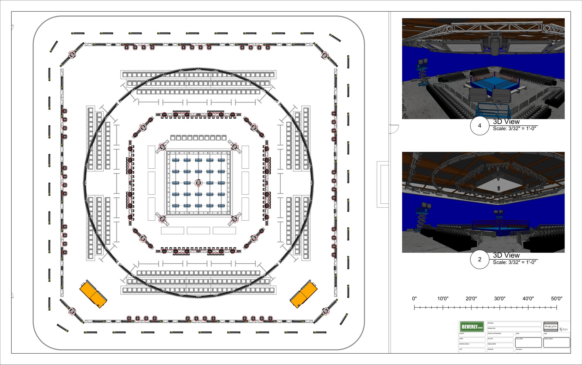Creed 3 boxing arena lighting plot with 3D views