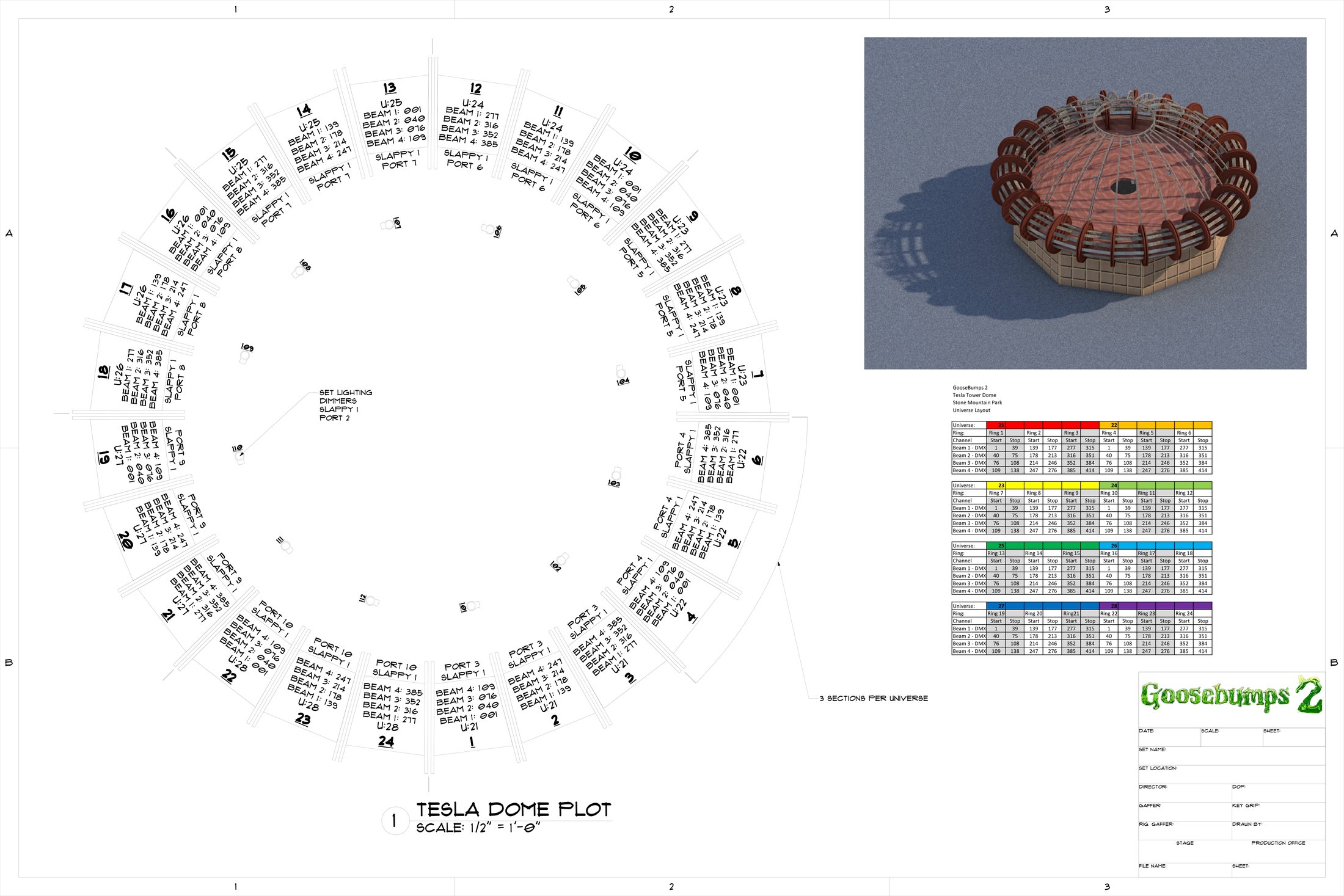 Goosebumps 2 Tesla Dome lighting plot with DMX universe layout and 3D rendering