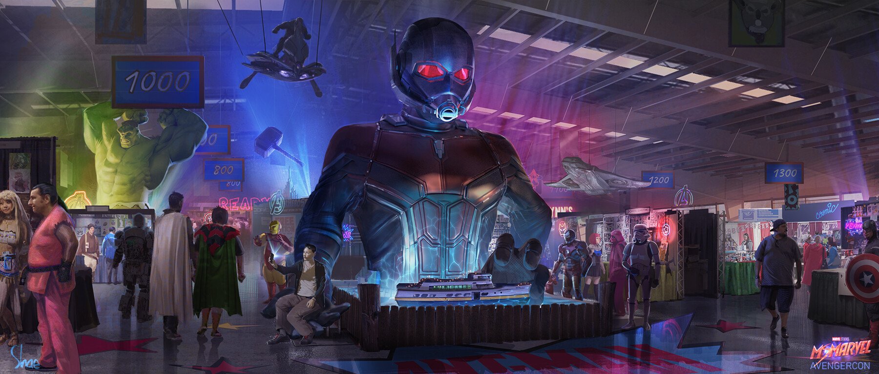 Ms. Marvel Season 1 AvengerCon convention hall with a giant Ant-Man helmet centerpiece